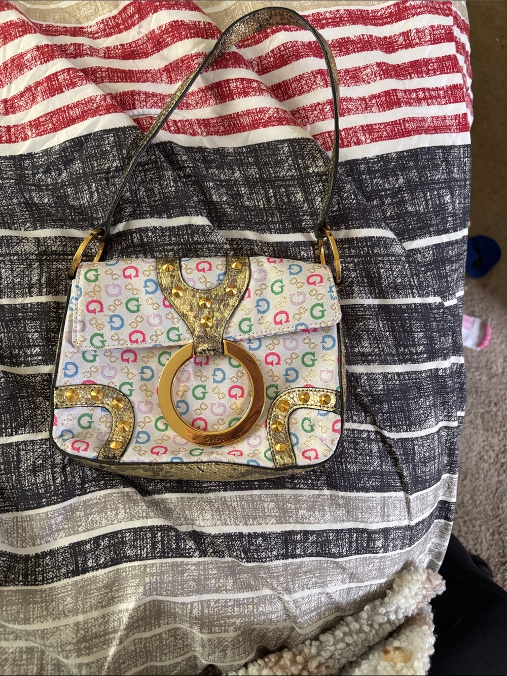 Guess White Multicolor G Logo Mini Shoulder Bag with Gold Hardware